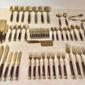 Vintage Brass & Wood Flatware Set – 50+ Pc Rustic Cutlery Set